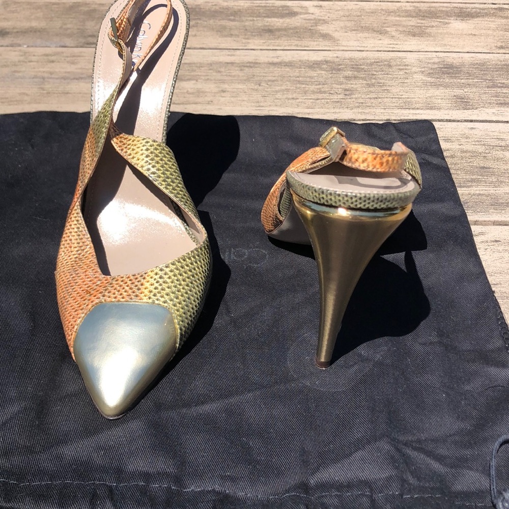Calvin Klein Collection sling back heels snake skin leather with metallic